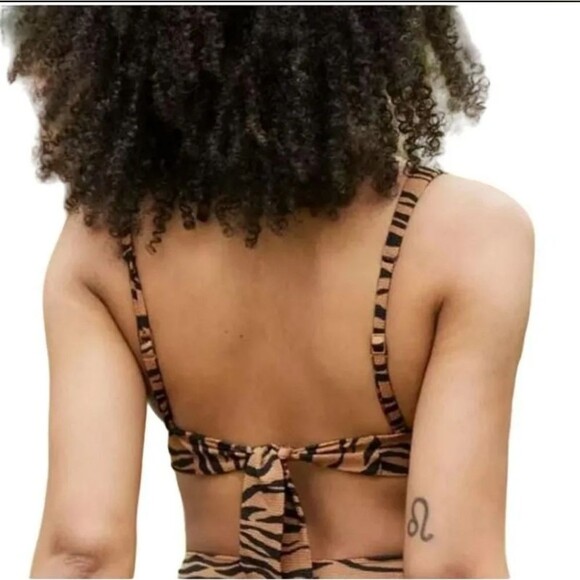 Aerie Pique Animal Print Tie Longline Triangle Bikini Top Sienna Black Sz Small - Picture 2 of 7